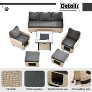 Echo Beige 6-Piece Wicker Outdoor Multi-Functional Patio Conversation Sofa Set with a Fire Pit and Black Cushions