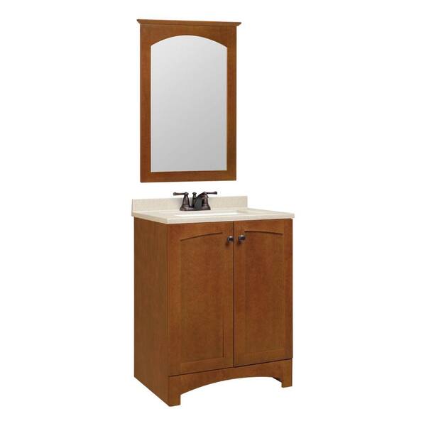 Glacier Bay Melborn 24.5 in. W Bath Vanity in Chestnut with Solid Surface Technology Vanity Top in Wheat with White Sink and Mirror