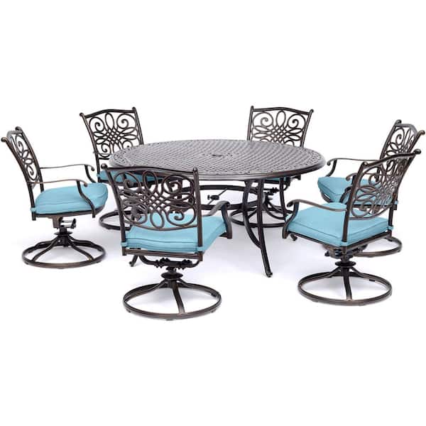 Hanover Traditions 7-Piece Aluminum Outdoor Dining Set with 6 Swivel Rockers with Blue Cushions and Cast-Top Table