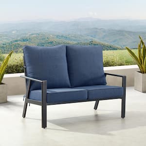 Black 1-Piece Aluminum Outdoor Loveseat with Blue Cushion