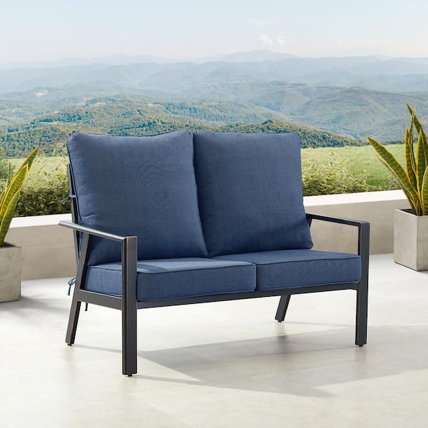 Oakland Living Black 1-Piece Aluminum Outdoor Loveseat with Blue Cushion
