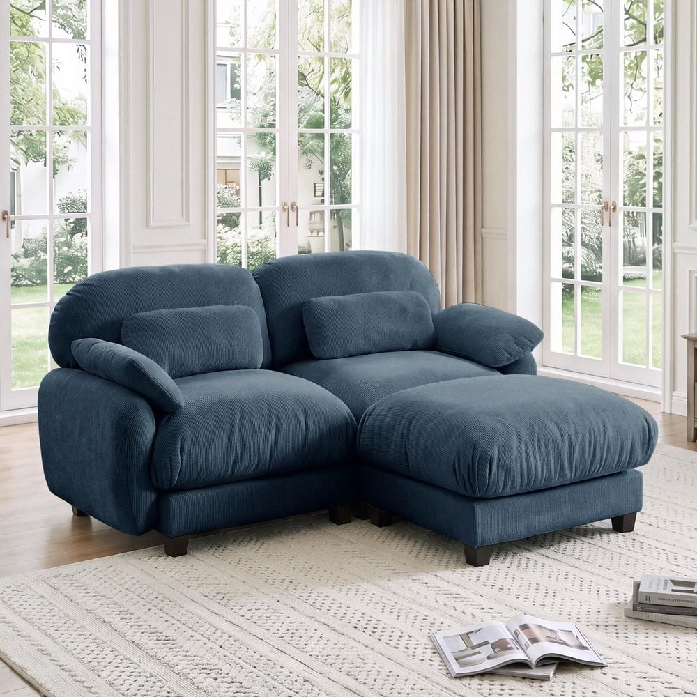 Varden 72.4 in. Round Arm 2-Seater Chenille Modular Sectional Sofa Cloud Couch with Ottoman in Slate Blue