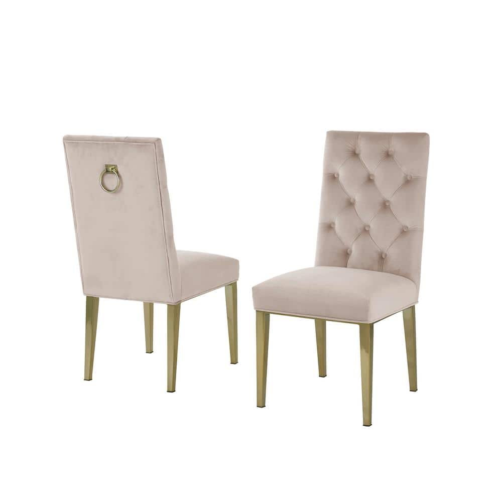 Beige Velvet Tufted Parsons Side Chair with Gold Metal Legs