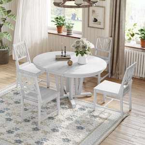 5-Piece Round Gray Wood Top Extendable Dining Table Set with 15.8 in. Removable Leaf, 4 Cross Back Chairs
