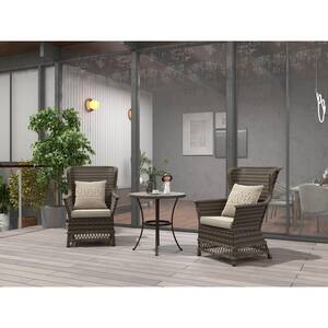 Mongue 3-Piece PE Rattan Wicker Patio Conversation Set Outdoor Chairs and Side Table with Gray Cushion for Gazebo
