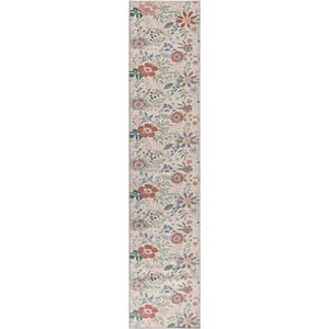 Washables Cream Multicolor 2 ft. x 10 ft. Botanical Traditional Runner Area Rug