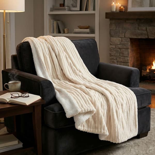 60 in. x 70 in. Ivory Fabric Faux Fur Throw Blanket
