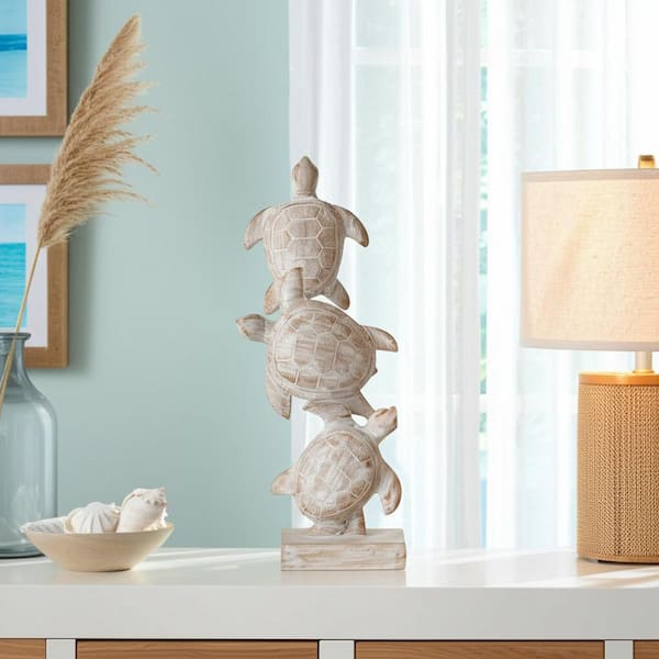 7 in. x 16 in. White Resin Coastal Stacked Sea Turtles Figurine