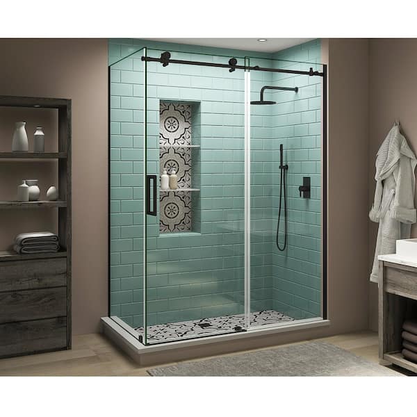 Aston Coraline XL 64 in. - 68 in. x 34 in. x 80 in. Frameless Corner Sliding Shower Enclosure Clear Glass in Matte Black Left