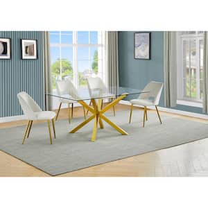 Tom 5-Piece Rectangle Glass Top With Gold Stainless Steel Table Set, Seats 4-Cream Velvet Chair.