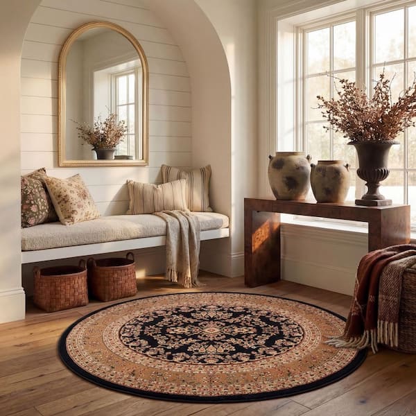 SAFAVIEH Lyndhurst Black/Tan 5 ft. x 5 ft. Round Border Area Rug