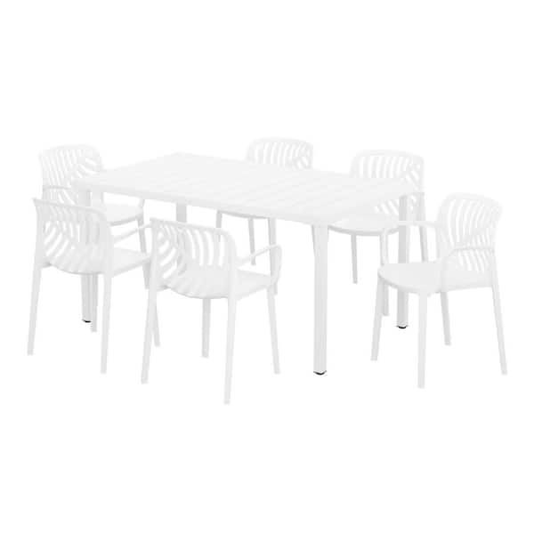 WESTIN OUTDOOR Frond and Form Outdoor Patio Modern 7-Piece Rectangular Steel Table, 6 Stackable HDPE Plastic Chairs Dining Set, White