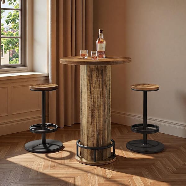 Kearsten Brown Round 37.8 in. H Wood Bar Table Set with 2-Barstools, Industrial Bistro Table