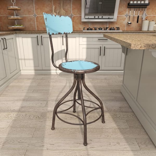 41 in. Teal Metal Bar Stool with Backrest