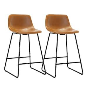 33 in. Whiskey Brown Low Back 24 in H Faux Leather Bar Stools Metal Frame Counter Height Bar Stools (Set of 2)