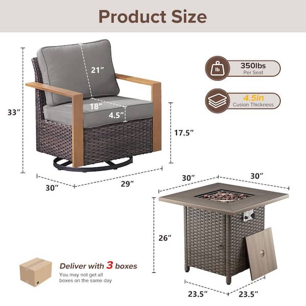 5-Piece Brown Wicker Outdoor Patio Conversation Sets Patio Gliding Chair All-Weather for Backyard, with Gray Cushions