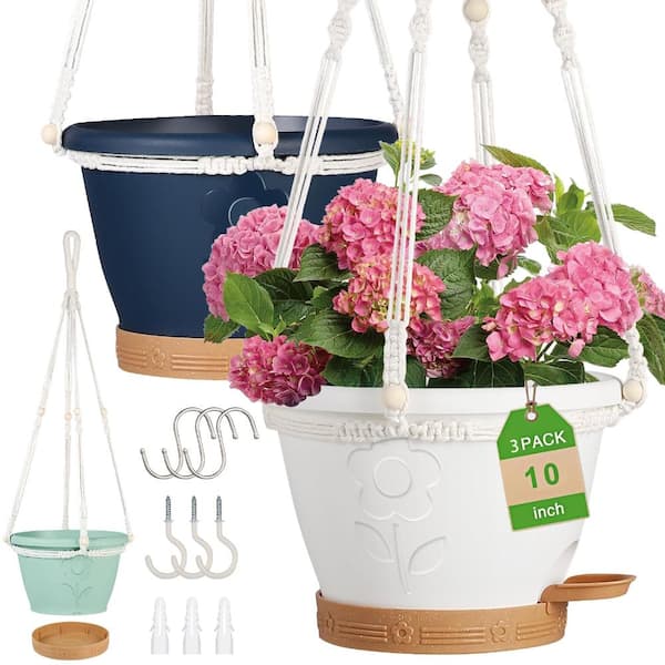 10 in. Self-Watering Hanging Planters with Removable Tray Multicolor 3 Pack
