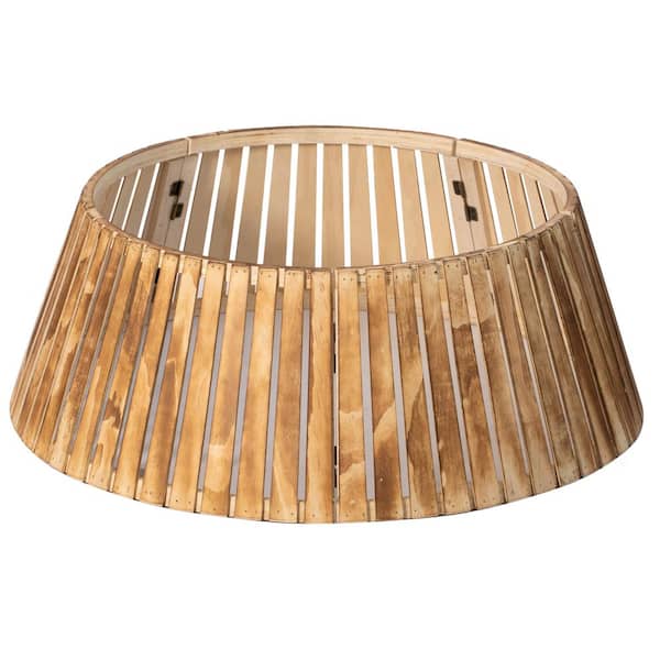 Natural Wood Christmas Tree Collar Box with Slatted Panel Design Foldable Tapered Base Cover