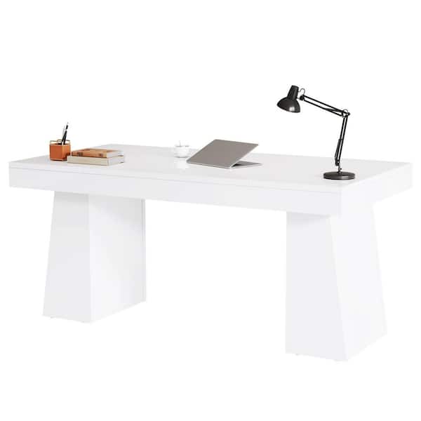 White Ribbed Desk BYBLIGHT Moronia 55 in. Rectangle White Engineered Wood Executive Desk ...