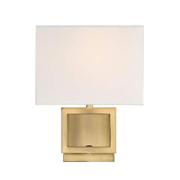Meridian 8 in. W x 10.5 in. H 1-Light Natural Brass Wall Sconce with White Fabric Shade