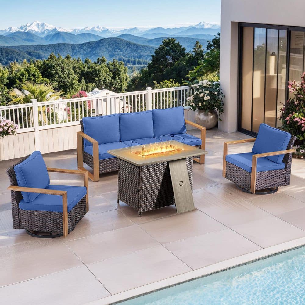 Funky Brown 4-Piece Fire Pit Patio Set Wicker Outdoor Conversation Set with Swivel Rocking Chairs and Blue Cushions price history on PriceWatchPro