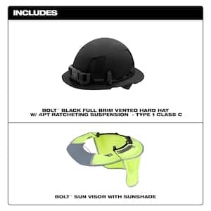 BOLT Black Type 1 Class C Full Brim Vented Hard Hat with 4 Point Ratcheting Suspension w/High Visibility Sunshade