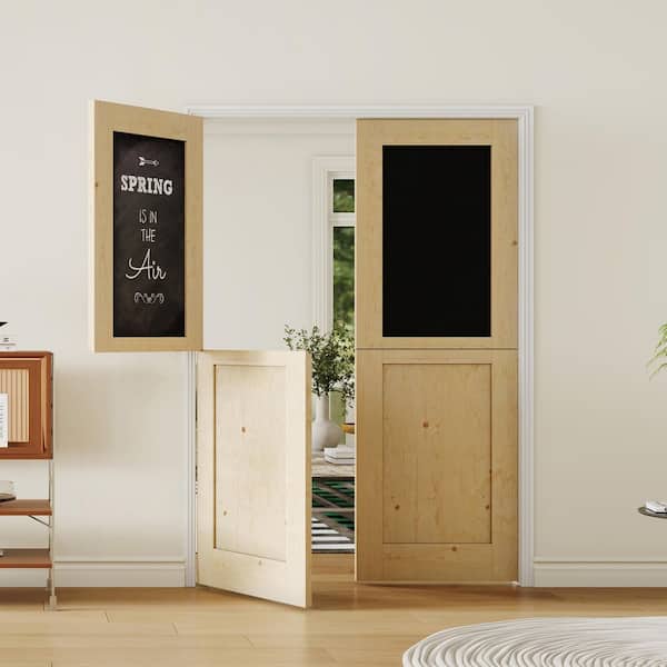 56 in. x 80 in. Light Brown, Natural Textured Wood Primed Interior Dutch Door, Half Chalkboard Split Door Slab