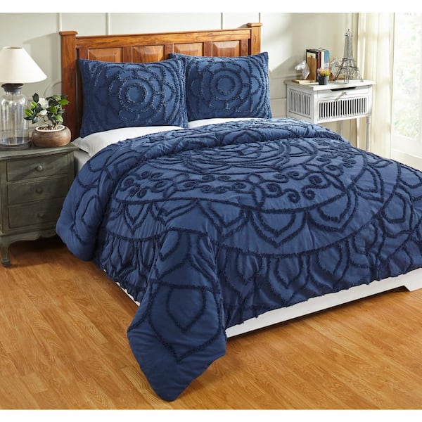 Better Trends Cleo Comforter 3-Piece Floral Design Navy Full/Queen 100% Cotton Tufted Chenille Comforter Set