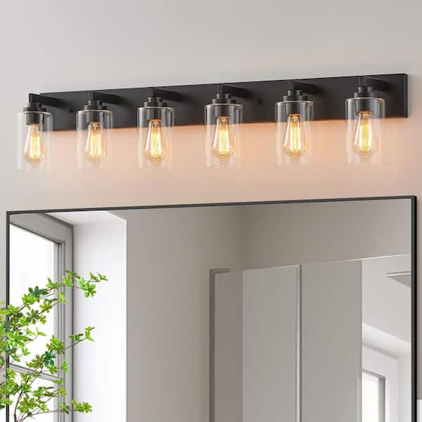 44 in. 6-Light Black Vanity Light with Clear Glass Shades
