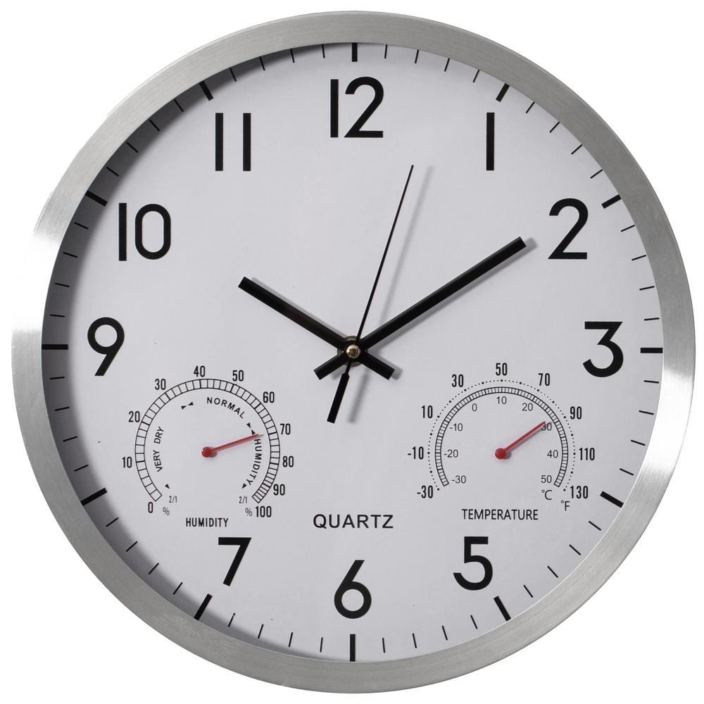 CLOCKSWISE 12 in. Non-Ticking Silver Wall Clock with Thermometer