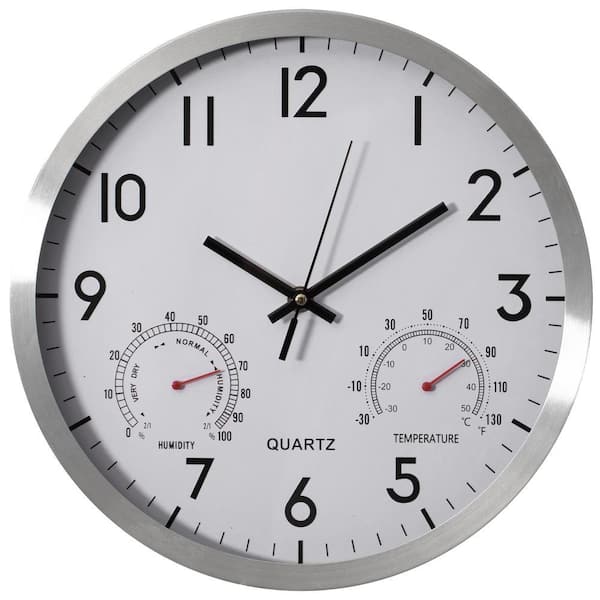 12 in. Non-Ticking Silver Wall Clock with Thermometer, Hygrometer Battery Operated Aluminum Analog Temperature, Humidity