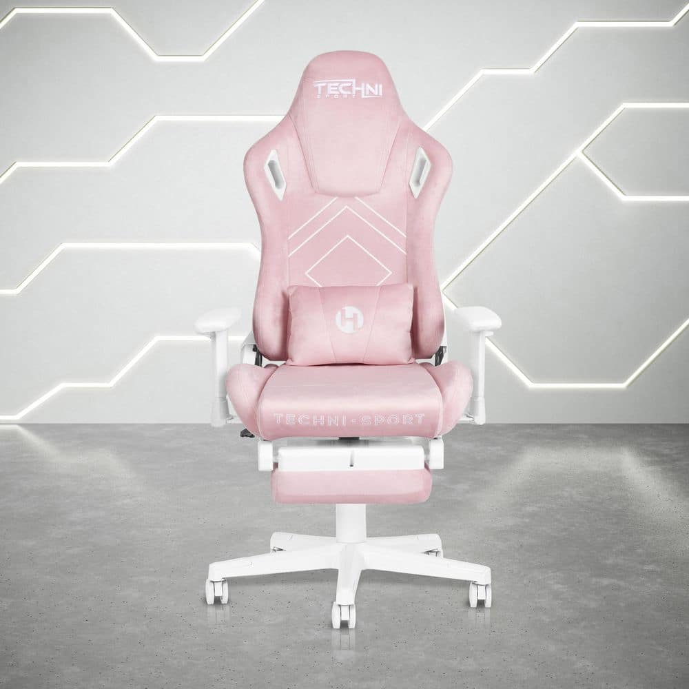 Velvet Adjustable Height Gaming Chair in Pink with Lumbar Support and Footrest