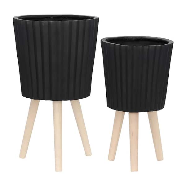 AULEDIO 10 in. and 12 in. Black Ceramic Ridged Planter Round Indoor/Outdoor Planter (Set of 2)
