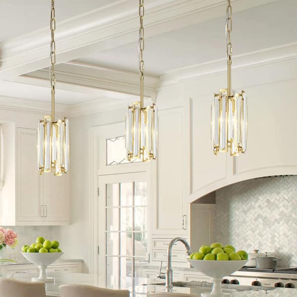 RRTYO Laga 1-Light Modern Glam Linear Brushed Brass Kitchen Island Pendant Light with Crystal Shade, No Bulbs Included