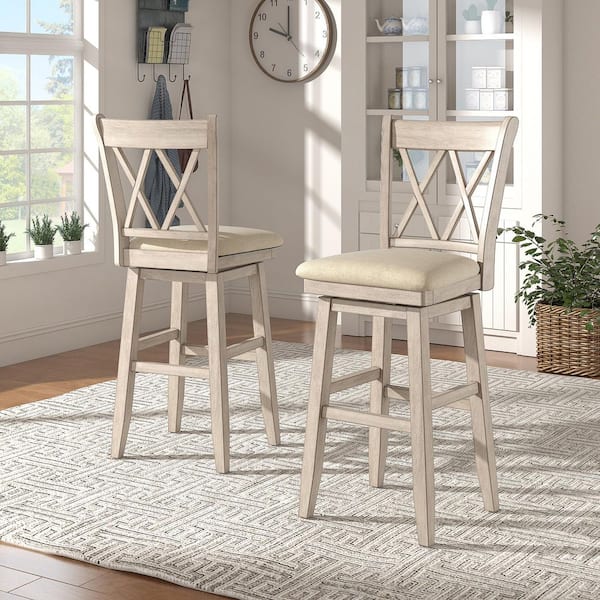 Antique White Double X-Back Wood Swivel Bar Stool