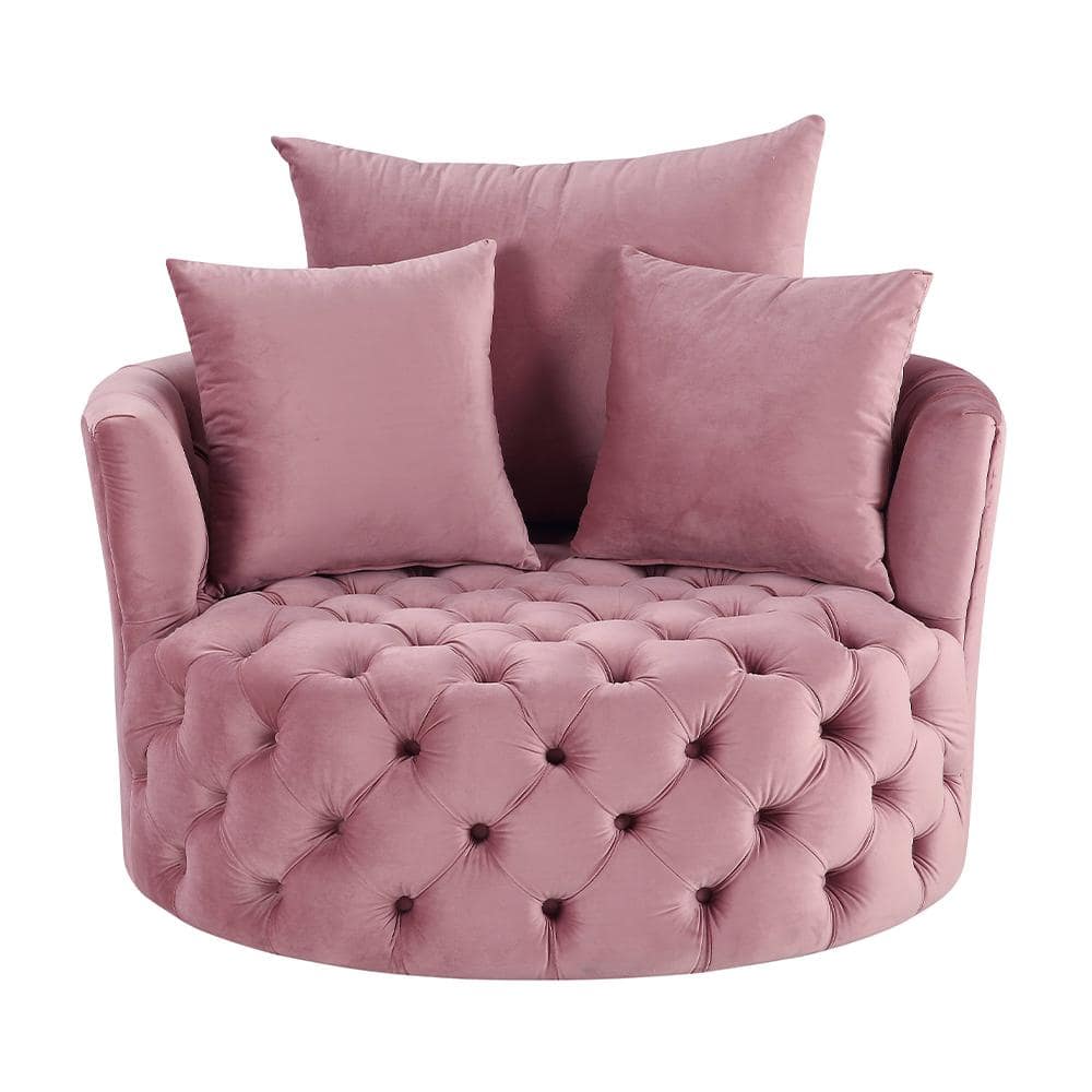 Pink Velvet Barrel Swivel Accent Chair with Pillows