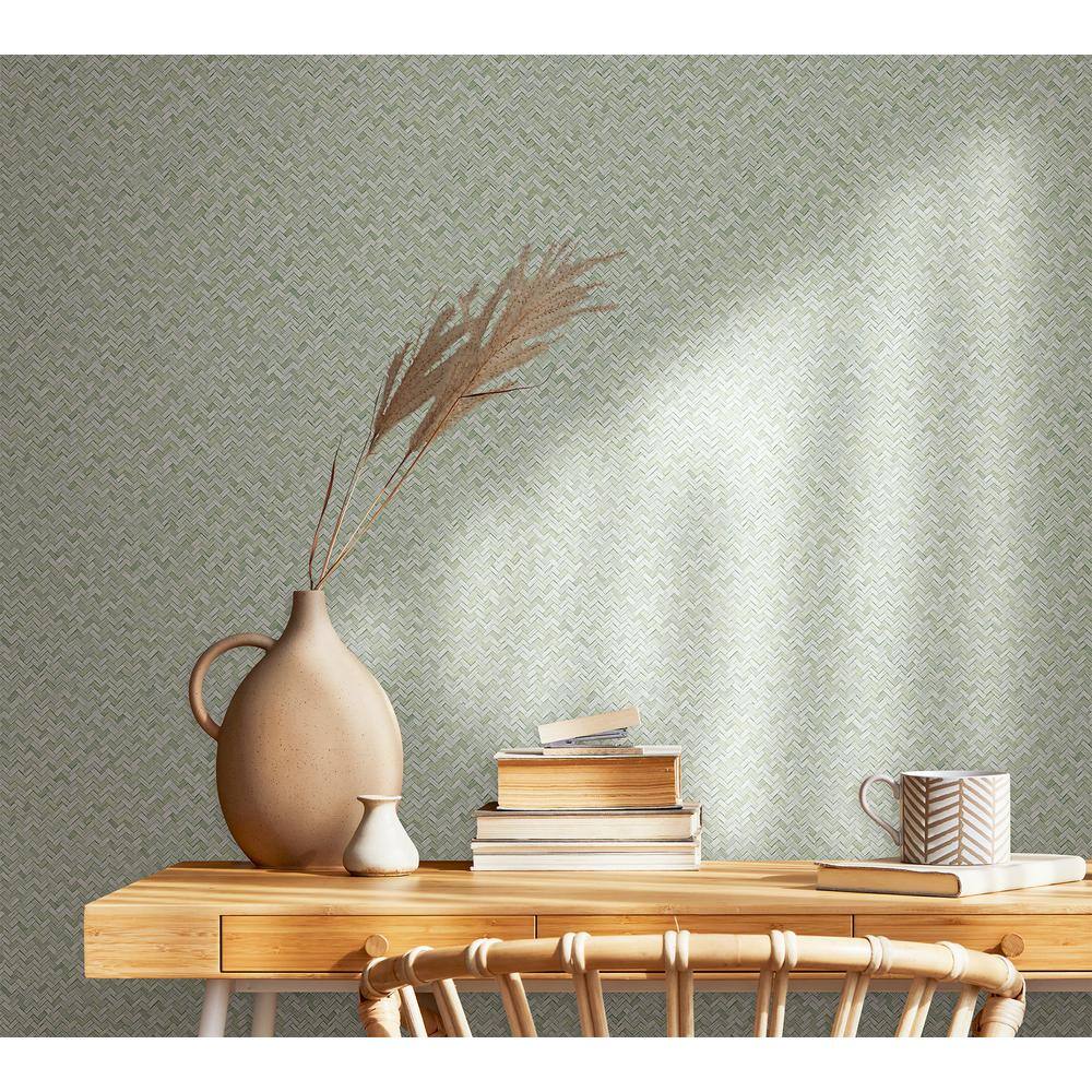 Green Chevron Weave Non-Pasted Vinyl Wallpaper Roll
