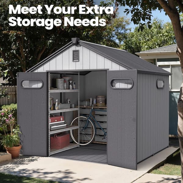 8 ft. x 8 ft. Resin Outdoor Garden Storage Shed with Floor (64 sq. ft. ), Windows, Drainage and Air Vent in Light Gray