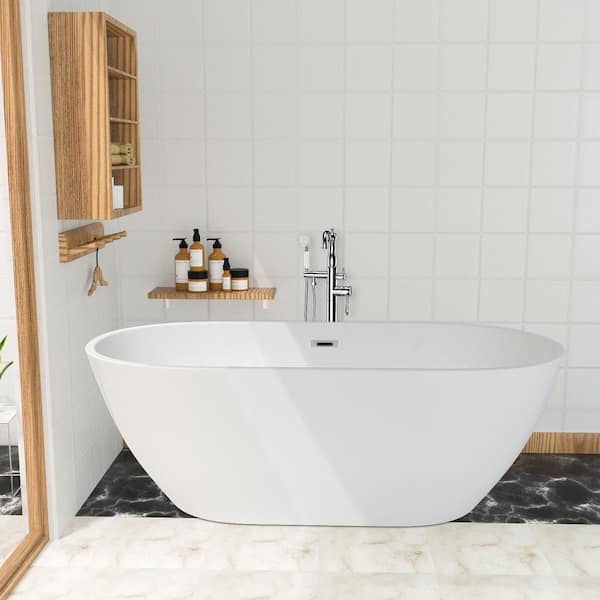 Satico 59 in. Contemporary Design Acrylic Soaking SPA Tub Flatbottom Non-Whirlpool Freestanding Bathtub in White