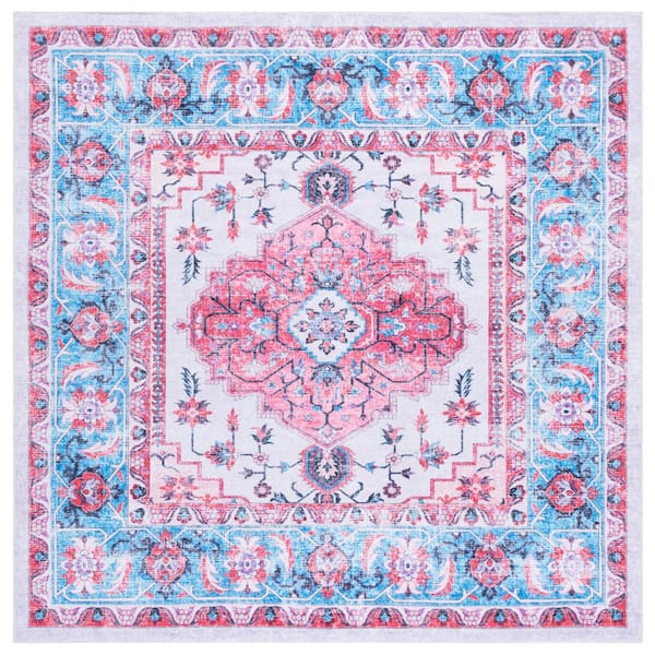 SAFAVIEH Arizona Ivory/Light Blue 6 ft. x 6 ft. Machine Washable Aztec Ornate Medallion Square Area Rug