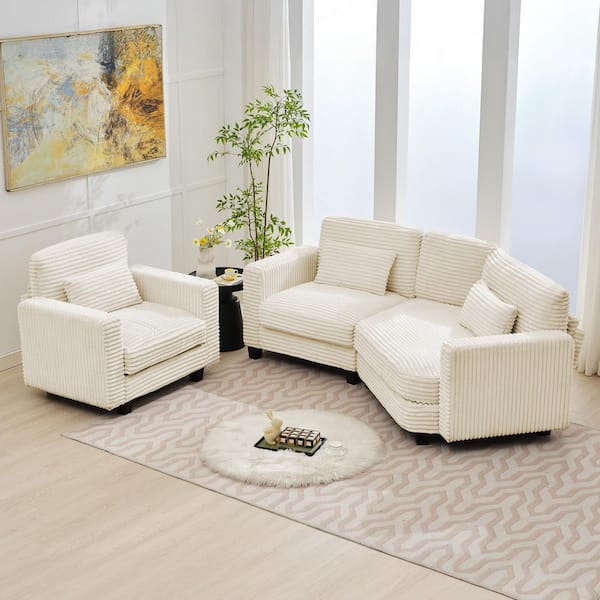 2-Piece Beige Curved Corduroy Velvet Living Room Sofa Set includes 2 Seater plus Single Sofa
