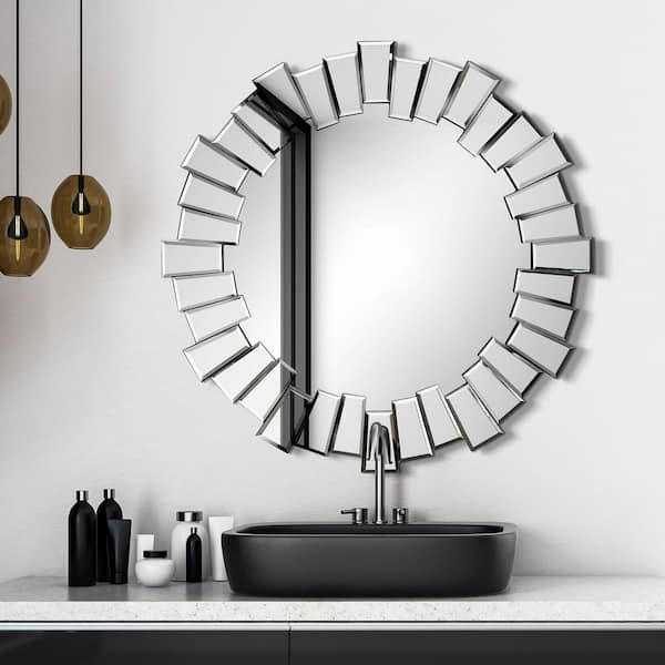 Medium Round Clear Beveled Glass Modern Mirror (34 in. H x 1.38 in. W)