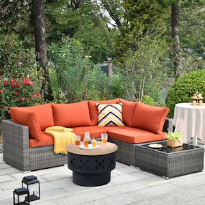 Sanibel Gray 6-Piece Wicker Outdoor Patio Conversation Sofa Set with a Wood-Burning Fire Pit and Orange Red Cushions