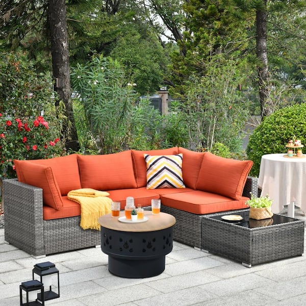 Toject Sanibel Gray 6-Piece Wicker Outdoor Patio Conversation Sofa Set with a Wood-Burning Fire Pit and Orange Red Cushions