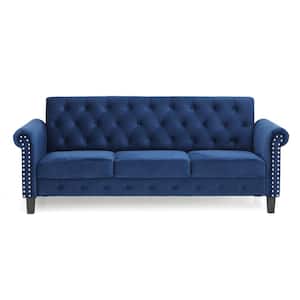 Bastia 68.9 in. Navy Velvet 3-Seater Chesterfield Sofa with Round Arms