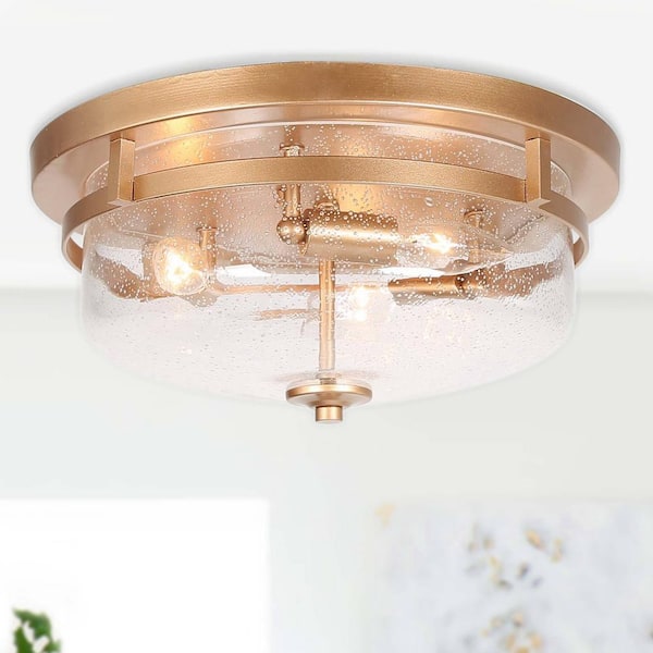Lnc Brass Gold Drum Flush Mount Light Modern Circle 3 Ceiling Lighting With Clear Seeded Glass Shade For Entry Kitchen Eb22iyhd14203g7 - Hallway Ceiling Lights Flush Mount