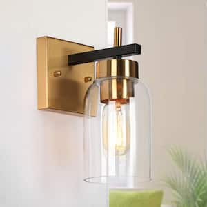 Modern 1-Light Brass Gold Wall Sconce, Black Vanity Light with Cylinder Clear Glass Shades Wall Light for Bathroom