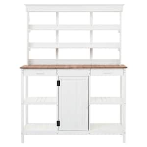 66 in. Garden Potting Bench Table Fir Wood Workstation with 2 Drawers, Cabinet and Open Shelves, White