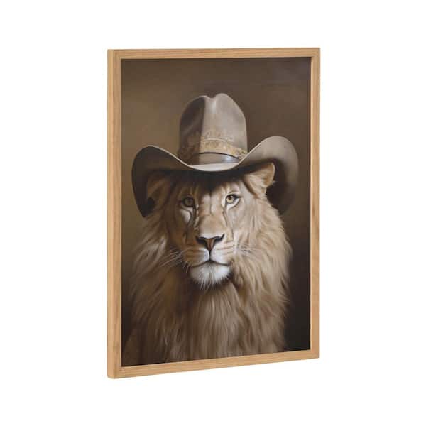 Kate and Laurel Gallery Lion Wearing a Western Cowboy Hat by Natural Framed Art Print 12 in. x 16 in.