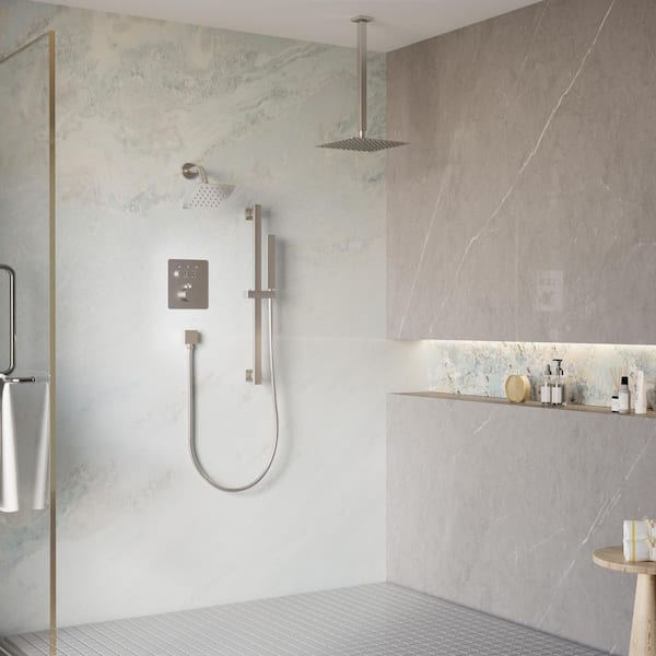 3-Function Square Ceiling Mount 10 in. and 6 in. Dual Shower Faucet System Sliding Bar in Brushed Nickel Valve Included